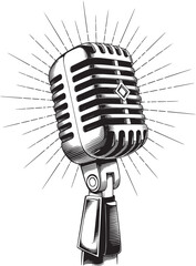 Vintage microphone sketch with radiant lines symbolizing sound and performance