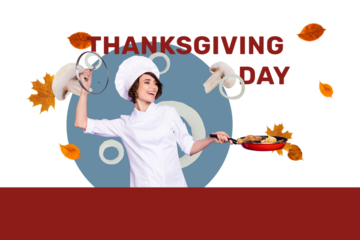 Composite photo collage of happy girl chef hold pan fried turkey meat mushrooms onion thanksgiving prepare isolated on painted background
