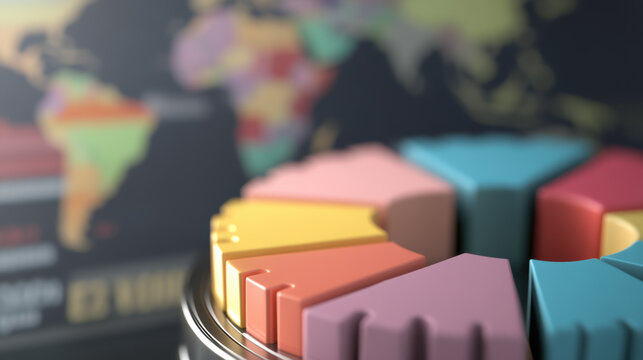 Conceptual image of data visualization featuring colorful pie chart segments representing diversification in finance. background includes world map, enhancing global perspective