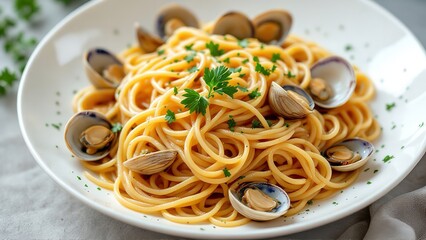 Spaghetti alle vongole, a classic italian pasta dish with clams, garlic, white wine, and parsley, served on a white plate