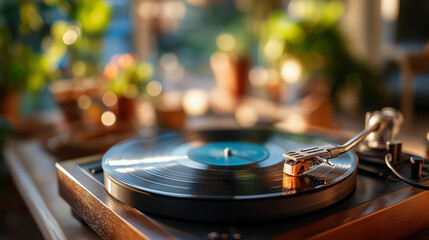 Vinyl record player spinning classic album in cozy living room, soft dust particles in sunlight, retro music listening, analog sound, 1970s nostalgia, lifestyle leisure, cultural h