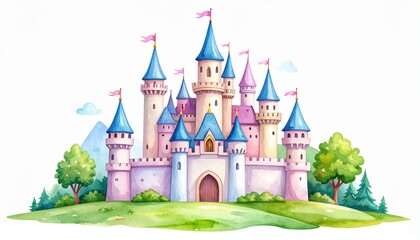 Cute castle vector illustration in watercolor style, isolated on white background 