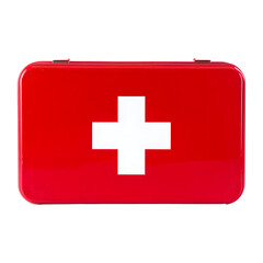 Obraz premium Bright red first aid kit box with white cross symbol isolated on black background