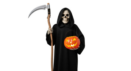 Grim reaper character in dark cloak holding a carved pumpkin lantern, standing against a plain background, embodying Halloween spirit and festive atmosphere