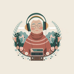 Whimsical minimalist logo of an elderly person listening to music with headphones and cassette player