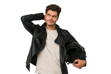 Young caucasian man holding a motrbike black helmet isolated touching back of head, thinking and making a choice.