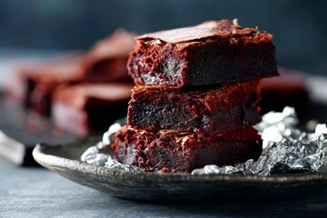 Detailed close-up photography of a juicy brownie on a rustic plate isolated onn aluminum foil background
