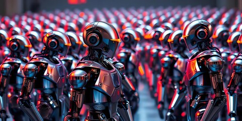 A vast, metallic army of robots stands ready, poised for action,  combat,   defense