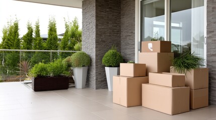 Delivery boxes stacked on a modern patio with green plants and a serene backdrop during daylight hours
