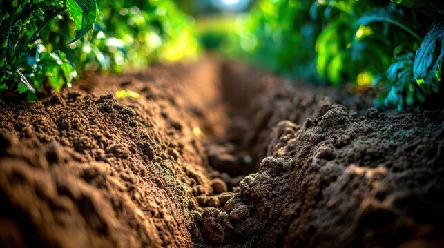 Close up view of fertile soil in agricultural field surrounded by lush green plants