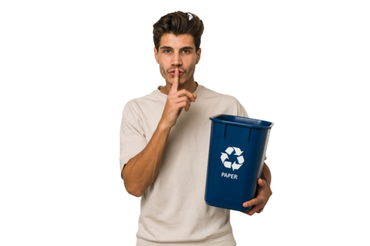 Young caucasian man holding a paper trash for recycle keeping a secret or asking for silence.