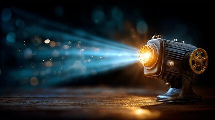Film projector casting light beam across dark room, dust motes floating, cinematic nostalgia, golden age of cinema, analog technology, storytelling through light, 1950s film cultur