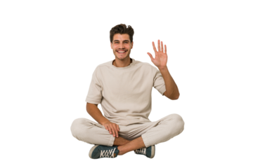 Young caucasian man sitting on the floor isolated on white background smiling cheerful showing number five with fingers.
