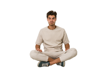 Young caucasian man sitting on the floor isolated on white background blows cheeks, has tired expression. Facial expression concept.