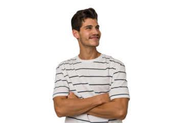 Young handsome caucasian man isolated on white background dreaming of achieving goals and purposes