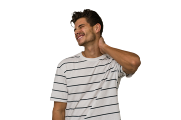 Young handsome caucasian man isolated on white background suffering neck pain due to sedentary lifestyle.