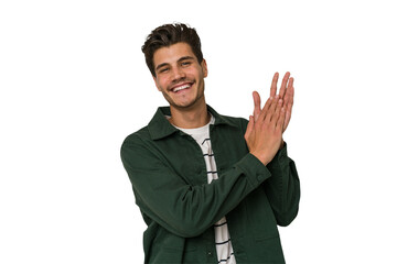 Young handsome caucasian man isolated on white background feeling energetic and comfortable, rubbing hands confident.