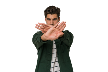 Young handsome caucasian man isolated on white background doing a denial gesture