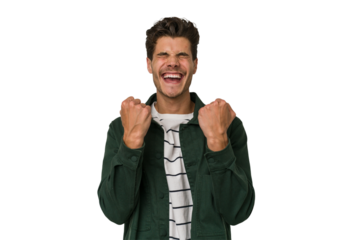 Young handsome caucasian man isolated on white background cheering carefree and excited. Victory concept.