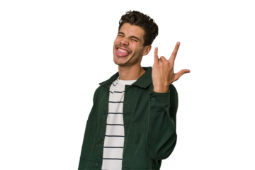Young handsome caucasian man isolated on white background showing rock gesture with fingers