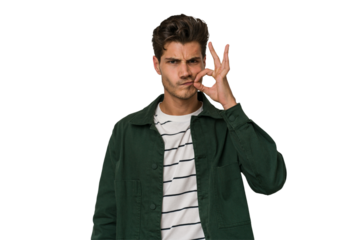 Young handsome caucasian man isolated on white background with fingers on lips keeping a secret.