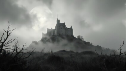 Fototapeta premium Eerie Castle Silhouette Against a Misty Moonlit Sky.