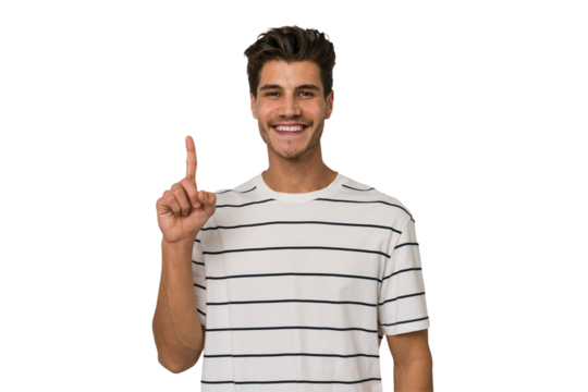 Young handsome caucasian man isolated on white background showing number one with finger. - Powered by Adobe