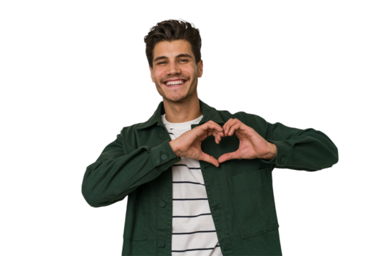 Young handsome caucasian man isolated on white background smiling and showing a heart shape with hands.