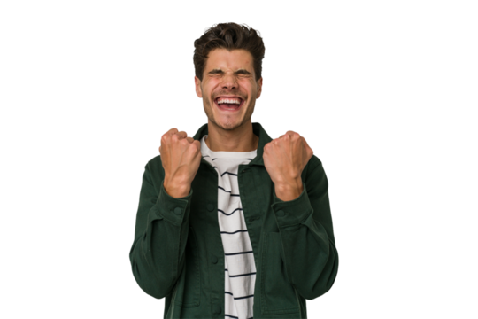 Young handsome caucasian man isolated on white background cheering carefree and excited. Victory concept.