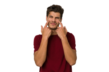 Young handsome caucasian man isolated on white background crying, unhappy with something, agony and confusion concept.