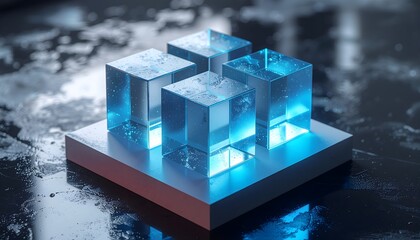 Modular Quantum Glass Stack on Plinth, Voxel-Like Modules with Cyan Waveguide Glow