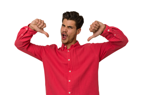 Young handsome caucasian man isolated on white background feels proud and self confident, example to follow.