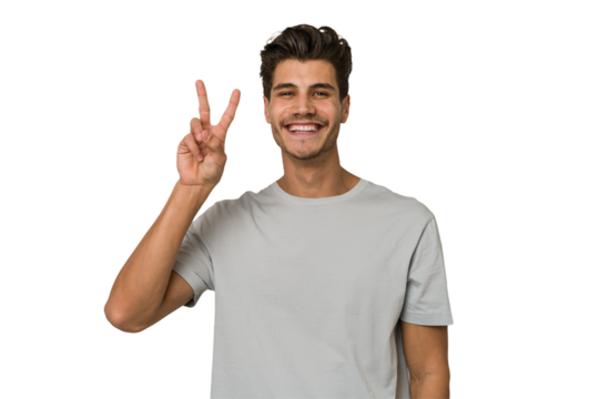 Young handsome caucasian man isolated on white background showing number two with fingers.