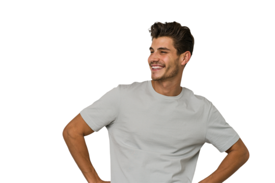 Young handsome caucasian man isolated on white background laughs happily and has fun keeping hands on stomach.