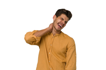 Young handsome caucasian man isolated on white background suffering neck pain due to sedentary lifestyle.