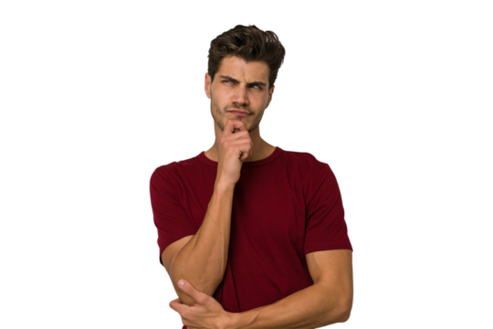 Young handsome caucasian man isolated on white background looking sideways with doubtful and skeptical expression. - Powered by Adobe