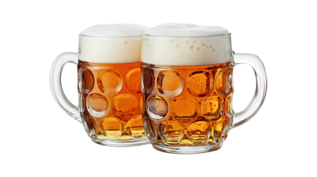 Two beer mugs with foam isolated on a transparent background