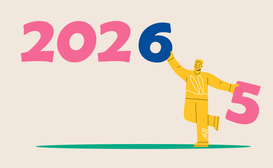 Man change number 2025 to 2026. New year  concept. Colorful vector illustration