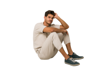 Young caucasian man sitting on the floor isolated on white background