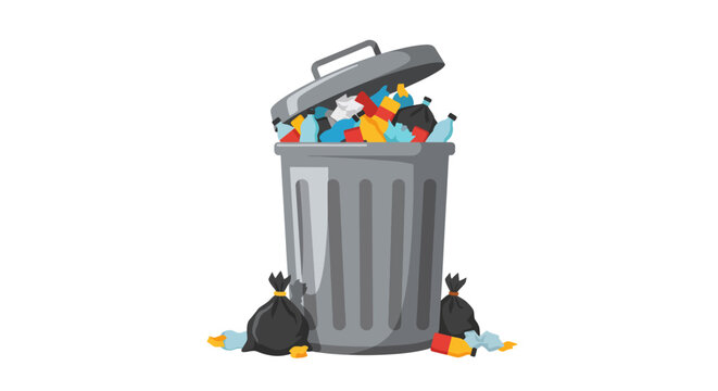 Overfilled Trash Can with Litter and Garbage Bags.