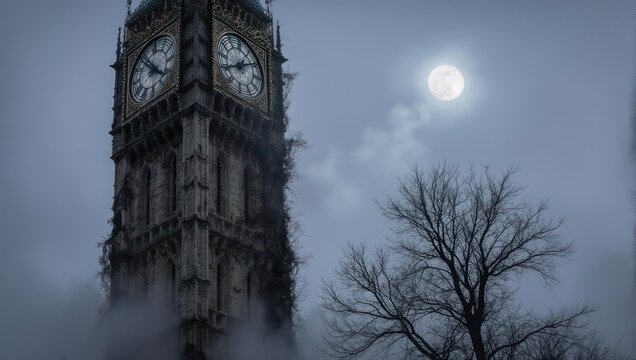 Eerie Big Ben Tower Under Moonlight in London.
