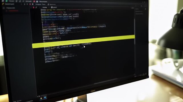 Code displayed on a computer screen, with desk lamp and stacked papers nearby