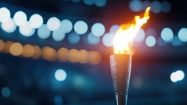 Blurred sports arena with flame burning in torch bokeh light background.