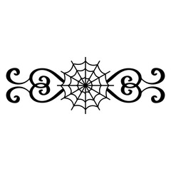 Logo con silueta de tela de araña con filigrana caligráfica. Silueta con florituras para tarjetas y felicitaciones de Halloween