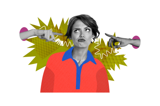 Composite trend artwork 3D sketch image photo collage of young lady student confused face emoji think mind hand gesture finger point