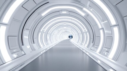 Obraz premium An abstract soft white futuristic science spaceship tunnel corridor with glowing lights as a wallpaper background 3d rendering.