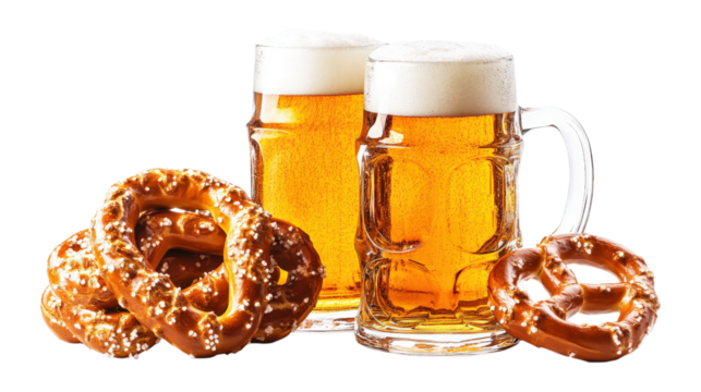 Two beer mugs with pretzels isolated on a transparent background - Powered by Adobe