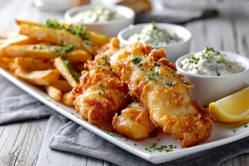 Macro view photography of an hearty fish and chips on a porcelain platter in front of whitewashed wood background