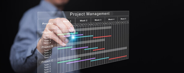 Businessman managing multiple projects using a virtual Gantt chart interface to schedule tasks, organize workflow, and monitor progress for effective project management productivity growth.