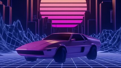 Retro 3d car in neon cityscape with sunset grid background - Powered by Adobe